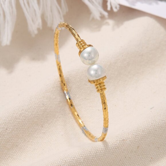 3/$35 18K Gold Plated Two Tone Silver Copper Bangle Pearl Bracelet Jewelry - Picture 4 of 8